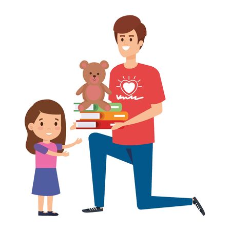 man volunteer giving a girl books and bear teddy vector illustration designのイラスト素材
