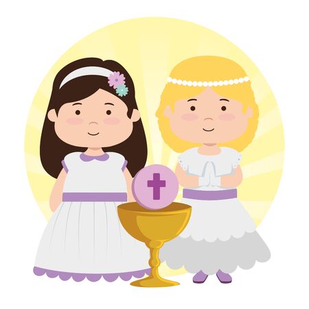 girls with dress and chalice to first communion vector illustrationのイラスト素材