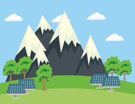 ecology snowy mountains with trees and solar energy vector illustrationのイラスト素材