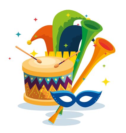 traditional drum with mask decoration and joker hat vector illustrationのイラスト素材