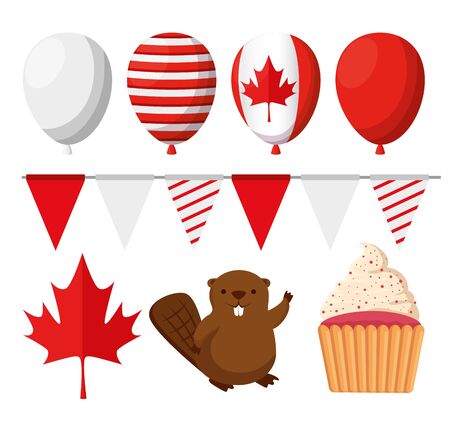 set of happy canada holiday with balloons and party banner vector illustrationのイラスト素材