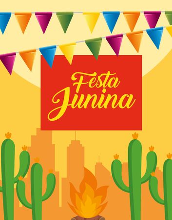 party banner with cactus plants and wood fire vector illustrationのイラスト素材