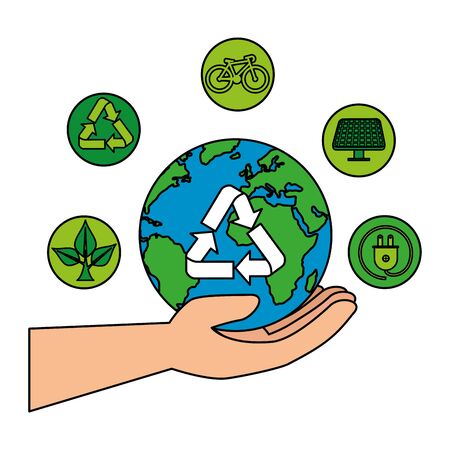 hand lifting earth planet with recycle arrows vector illustration designのイラスト素材