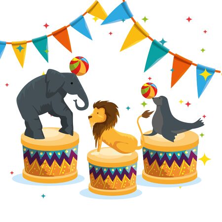 elephant with lion and seal playing with ball to festival vector illustrationのイラスト素材
