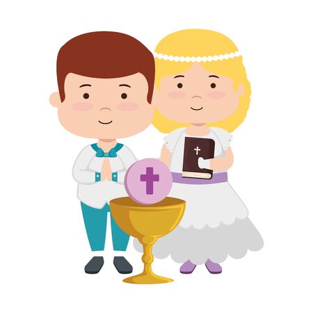little kids with chalice and bible first communion vector illustration designのイラスト素材