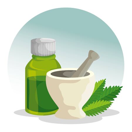 cannabis plant with stone grinding crusher and oil bottle vector illustrationのイラスト素材