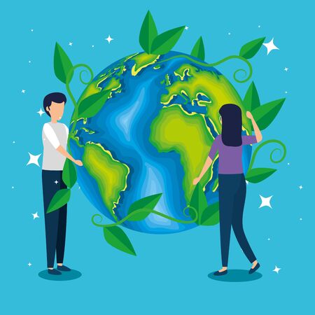man and woman with ecology planet conservation vector illustrationのイラスト素材