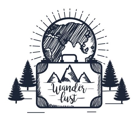 earth planet in briefcase with snowy mountains and pines trees vector illustrationのイラスト素材