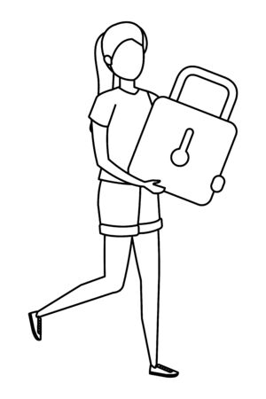 young woman lifting padlock character vector illustration designのイラスト素材