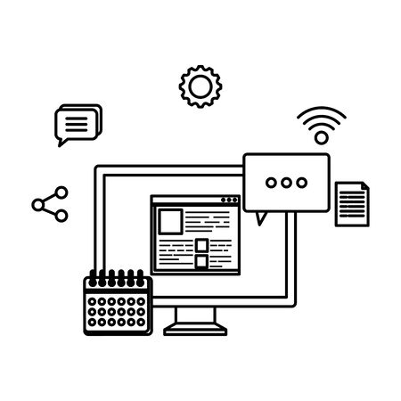 desktop with webpage template and social media icons vector illustration designのイラスト素材