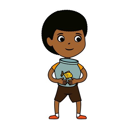 cute little black boy with fish in aquarium vector illustration designのイラスト素材