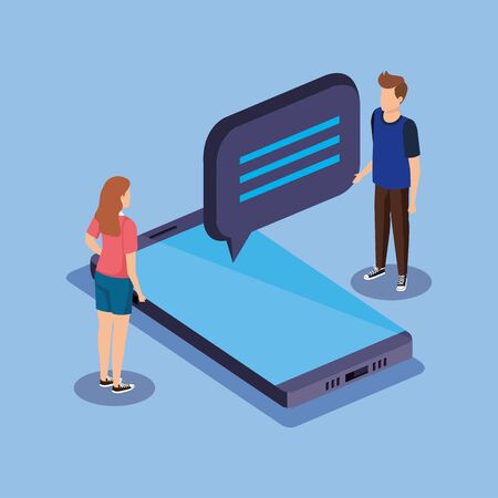 woman and man with smartphone technology and chat bubble vector illustrationのイラスト素材