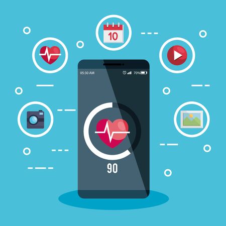 smartphone technology with hearbeat media and social app vector illustrationのイラスト素材