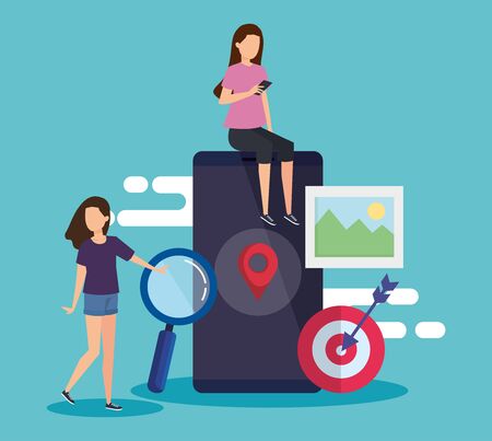 women with smartphone technology and location sign vector illustrationのイラスト素材