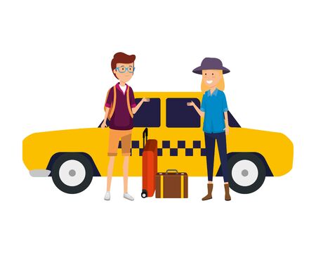 tourist couple with suitcases in taxi characters vector illustration designのイラスト素材