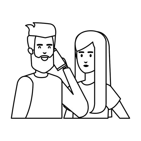 young couple with smartphone avatars characters vector illustration designのイラスト素材