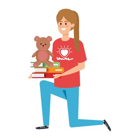 woman volunteer with books and bear teddy vector illustration designのイラスト素材