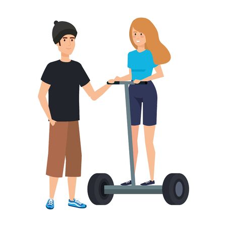 young couple in folding e-scooter vector illustration designのイラスト素材