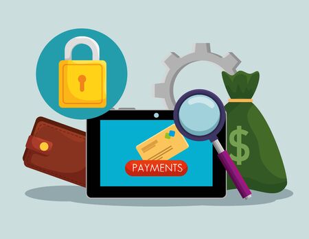 tablet with money bag and wallet with padlock security vector illustrationのイラスト素材