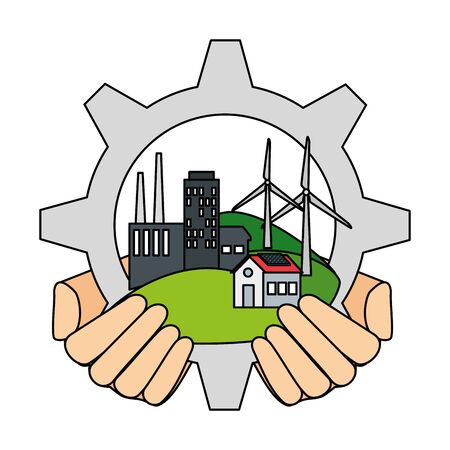 hands lifting building factory in gear vector illustration designのイラスト素材