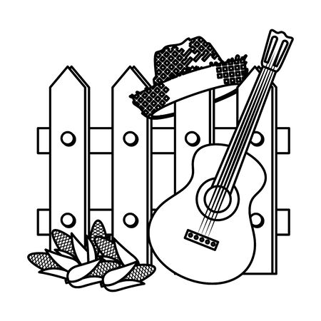 wooden fence with guitar and gardener straw hat vector illustration designのイラスト素材