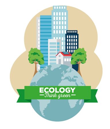 earth planet with building and house with ribbon vector illustrationのイラスト素材