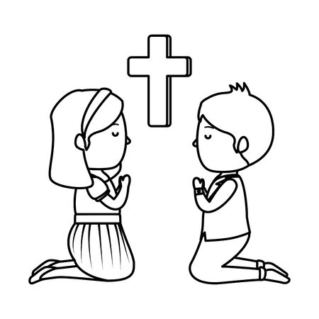 little kids kneeling with cross first communion vector illustration designのイラスト素材