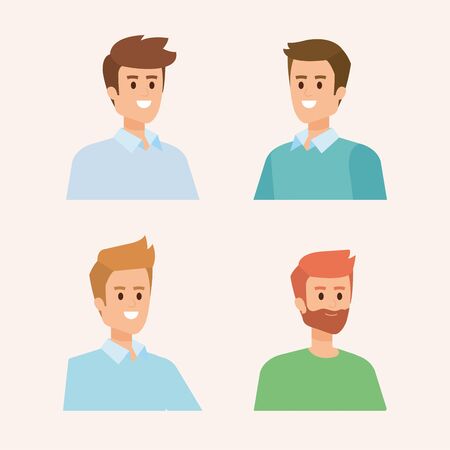 set of happy men head with hairstyle and casual clothes vector illustrationのイラスト素材