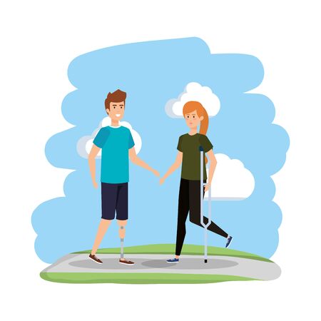 woman in crutch and man with prosthesis vector illustration designのイラスト素材