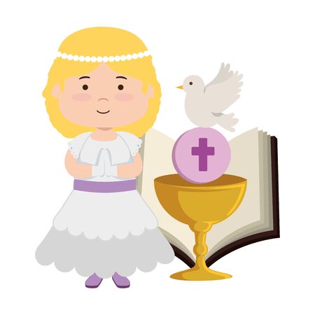 little girl with bible and chalice first communion vector illustration designのイラスト素材