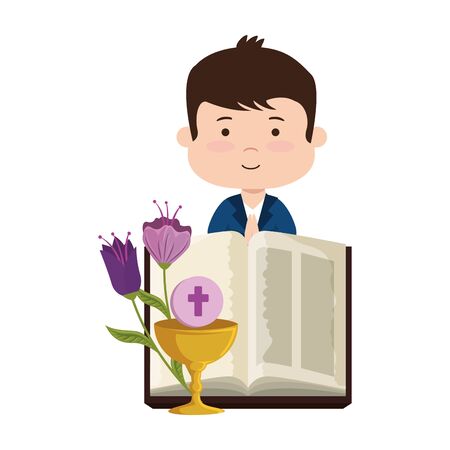 little boy with bibble and flowers first communion character vector illustration designのイラスト素材