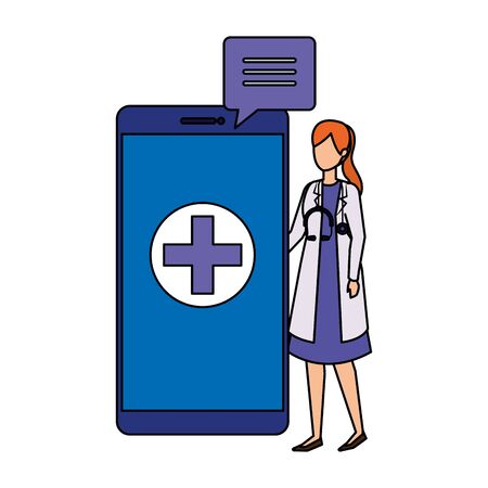 female doctor with smartphone and speech bubble vector illustration designのイラスト素材