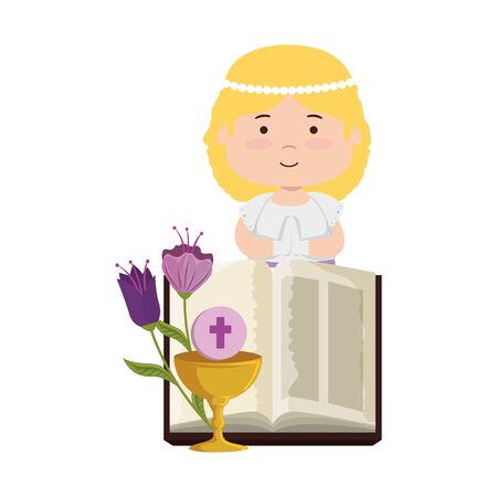 Little girl with bible and flowers first communionのイラスト素材