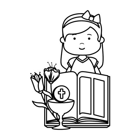 Little girl with bible and flowers first communionのイラスト素材