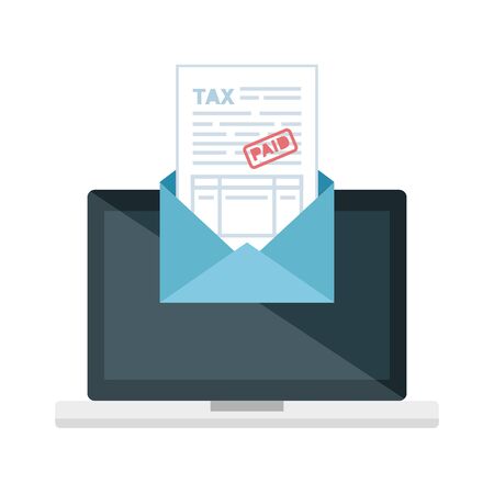 Laptop computer with tax documents in envelopeのイラスト素材