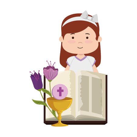 Little girl with bible and flowers first communionのイラスト素材