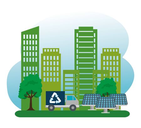 ecology building with truck biofuels and solar energy vector illustrationのイラスト素材