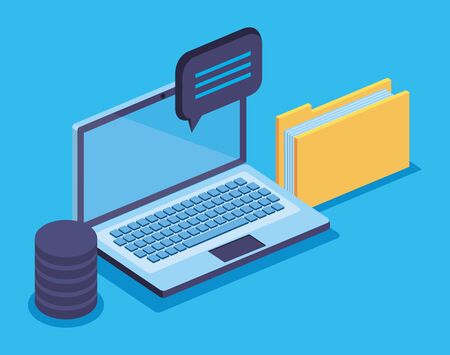 laptop technology with chat bubble and hard disk vector illustrationのイラスト素材