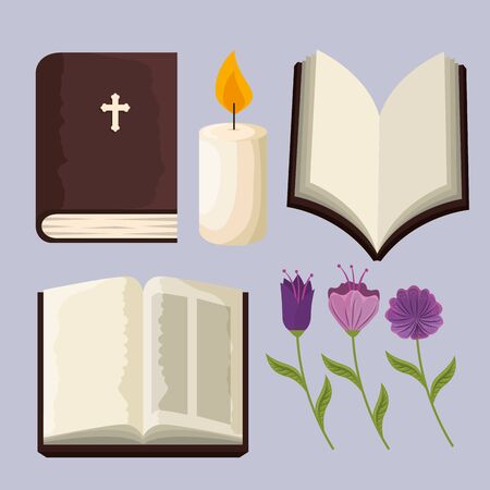 set bible with candle and flowers plants to event vector illustrationのイラスト素材