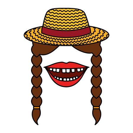 female gardener straw hat with mouth and braids vector illustration designのイラスト素材
