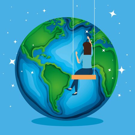 planet and woman in the swing to earth day vector illustrationのイラスト素材