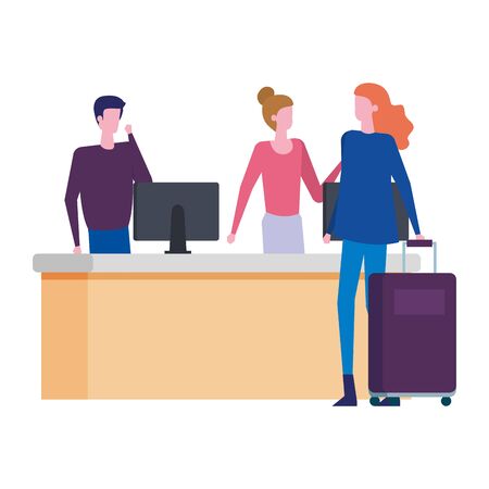 couple working in desk with computers and woman customer vector illustrationのイラスト素材