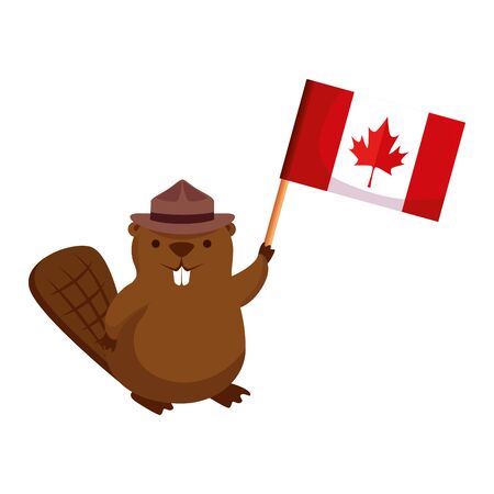 beaver with ranger hat and canadian flag vector illustration designのイラスト素材