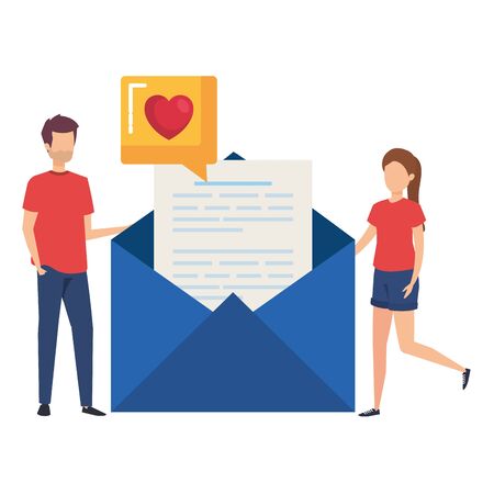 young couple with envelope and love speech bubble vector illustration designのイラスト素材