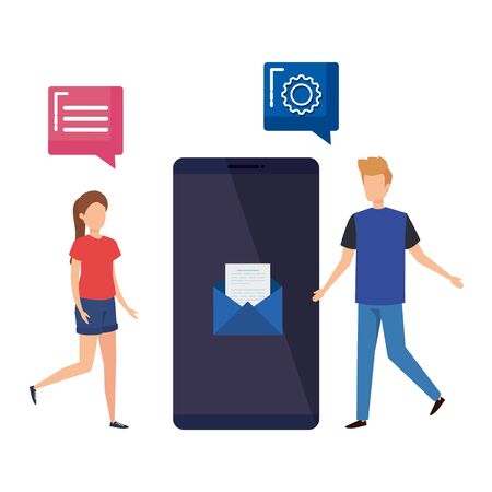 young couple with smartphone and speech bubbles vector illustration designのイラスト素材