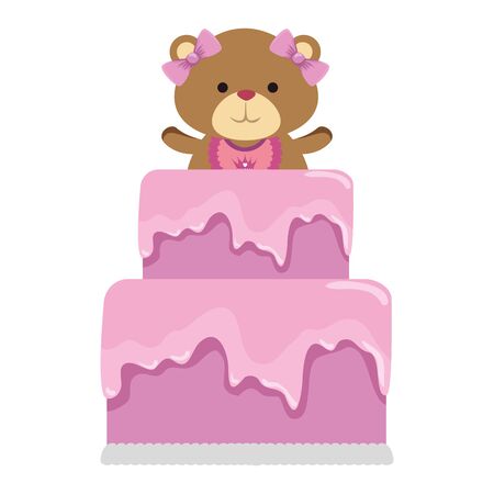 cute bear teddy female with bows in sweet cake vector illustration designのイラスト素材