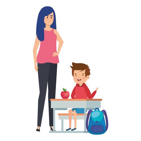 student boy seated in school desk with female teacher vector illustration designのイラスト素材