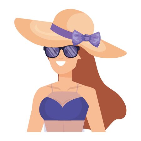 beautiful girl with swimsut and sunglasses , hat vector illustration designのイラスト素材