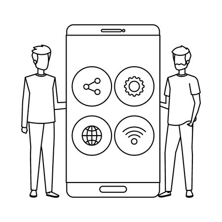 young men with smartphone and social media menu vector illustration designのイラスト素材