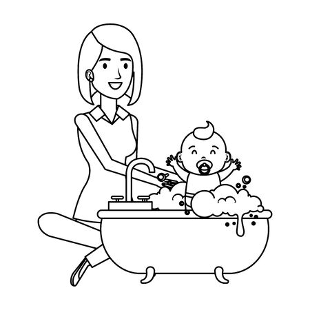 mother with baby bathing in the bathtub vector illustration designのイラスト素材